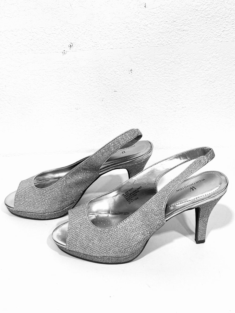 Worthington Dayne Heels Silver Sparkle Peep Toe Slingback Pumps Womens Size 9 M